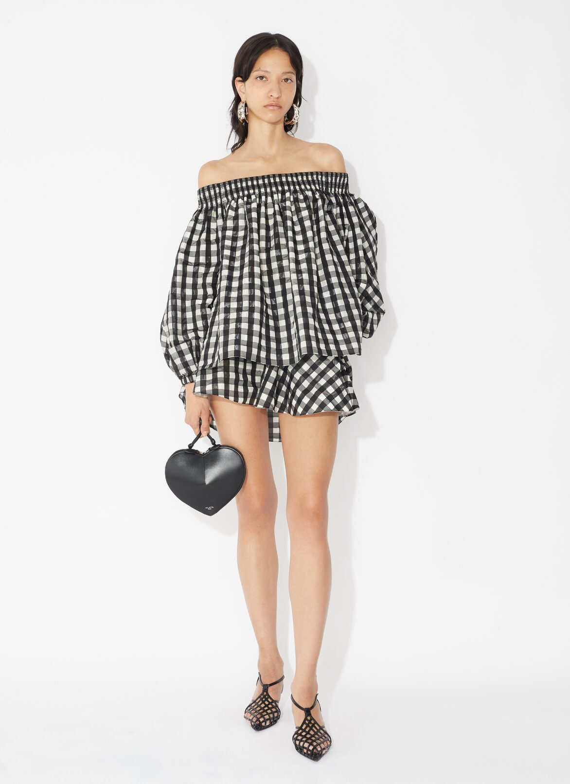 Vichy off-shoulder top ALAÏA BLACK VICHY OFF-SHOULDER TOP